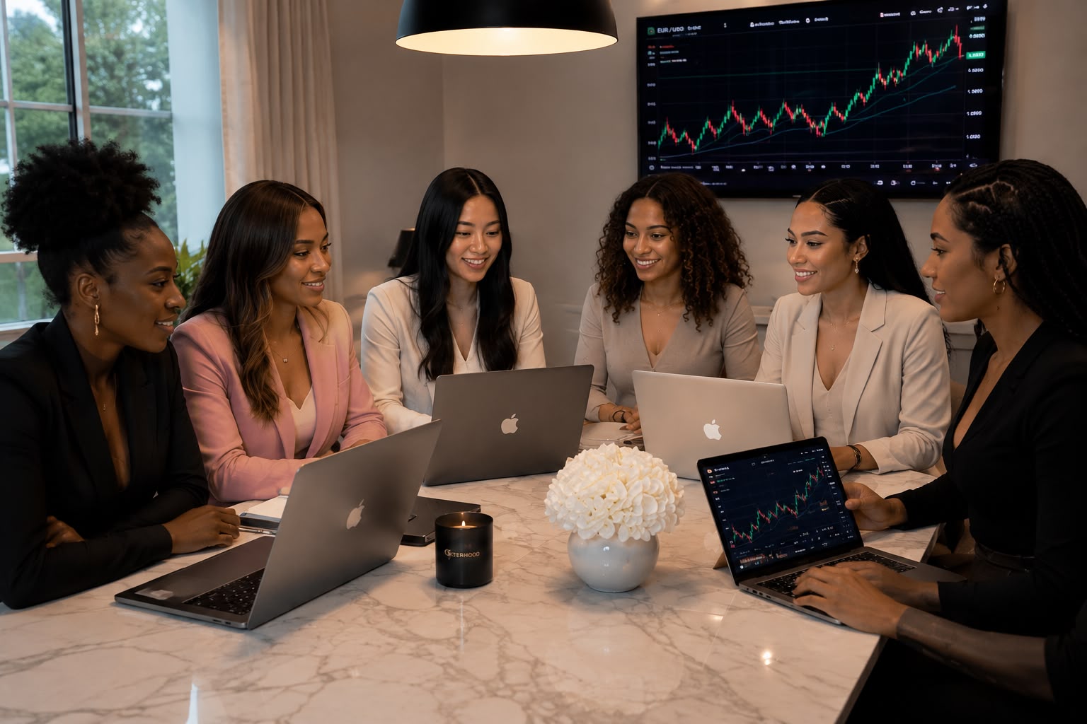 Members at a live trading workshop, a EUR/USD chart on the screen behind them